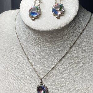 Art Deco Silver Necklace & Earrings Set Rainbow Glass 16”